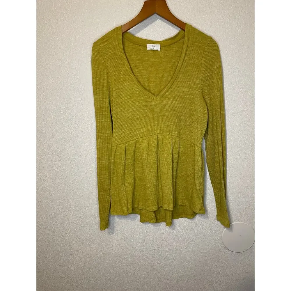 Anthropologie T.La V Neck Ribbed Babydoll Long Sleeve Top Citron Yellow Green XS - Picture 10 of 15